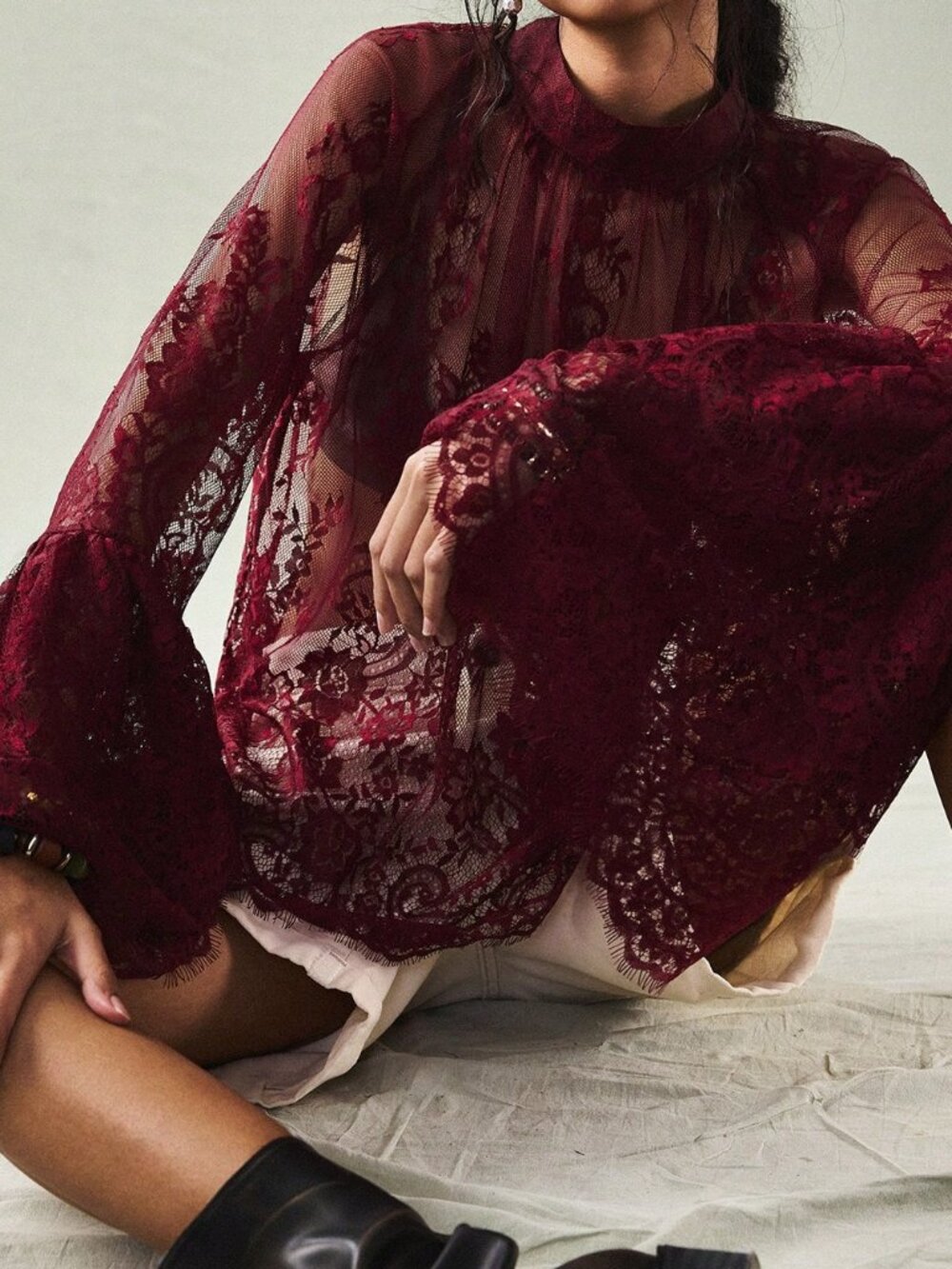 Burgundy Elegant Women's Sheer Lace Top
